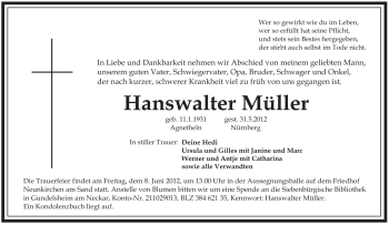 Traueranzeige von Hanswalter Müller von Pegnitz-Zeitung